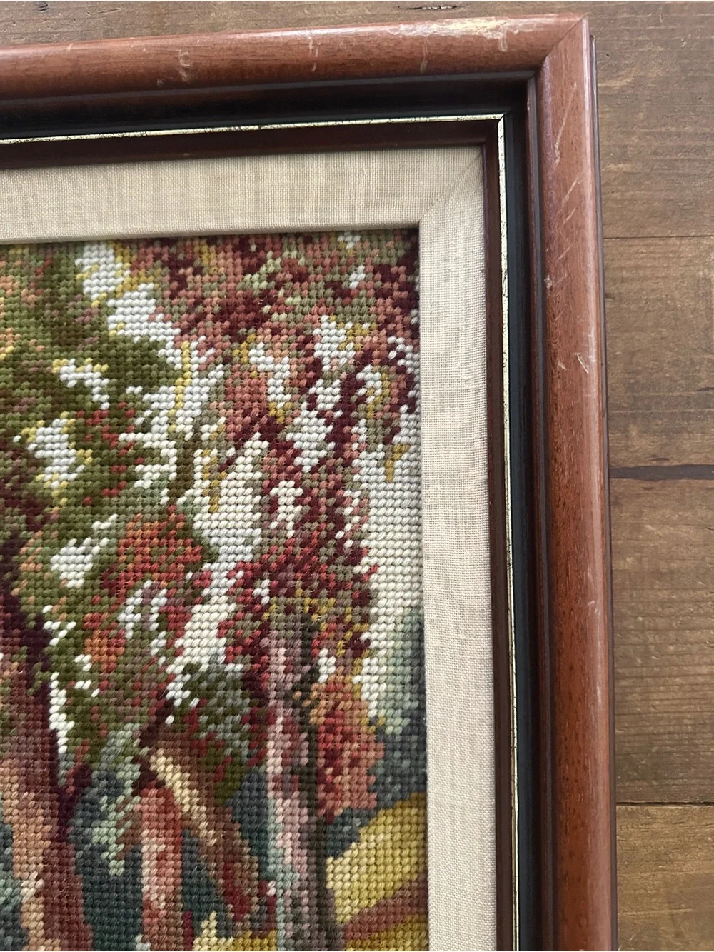 VINTAGE Handcrafted Needlepoint Forest Path Wall Art Brown and Green- 16” x 20”
